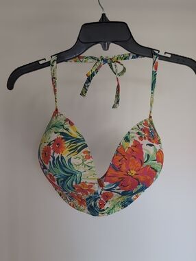 Floral Tropical Halter Bikini Top - Pink & Green